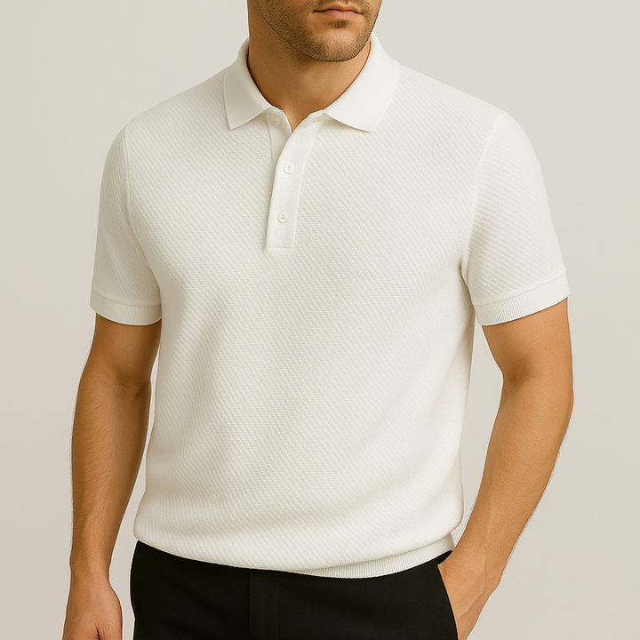 Men's textured tailored fit polo shirt, ideal for smart casual office wear or refined everyday style. Classic & versatile.