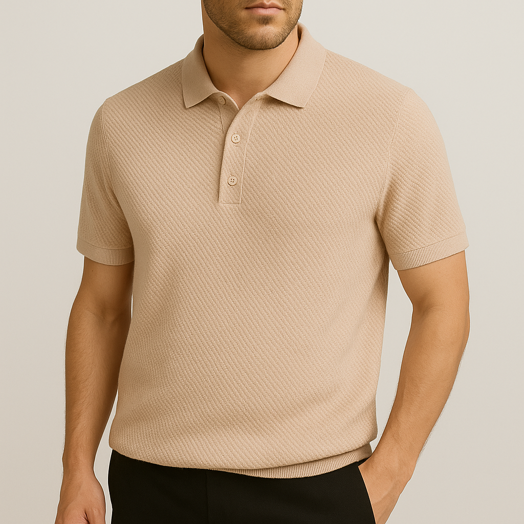 Stylish men's textured short sleeve polo with tailored fit, perfect for summer casual elegance. Comfortable & modern.