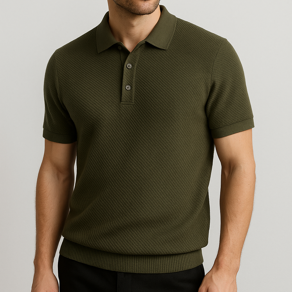 Tailored fit men's polo shirt, textured fabric, a versatile smart casual top for modern men. Elevate your look.
