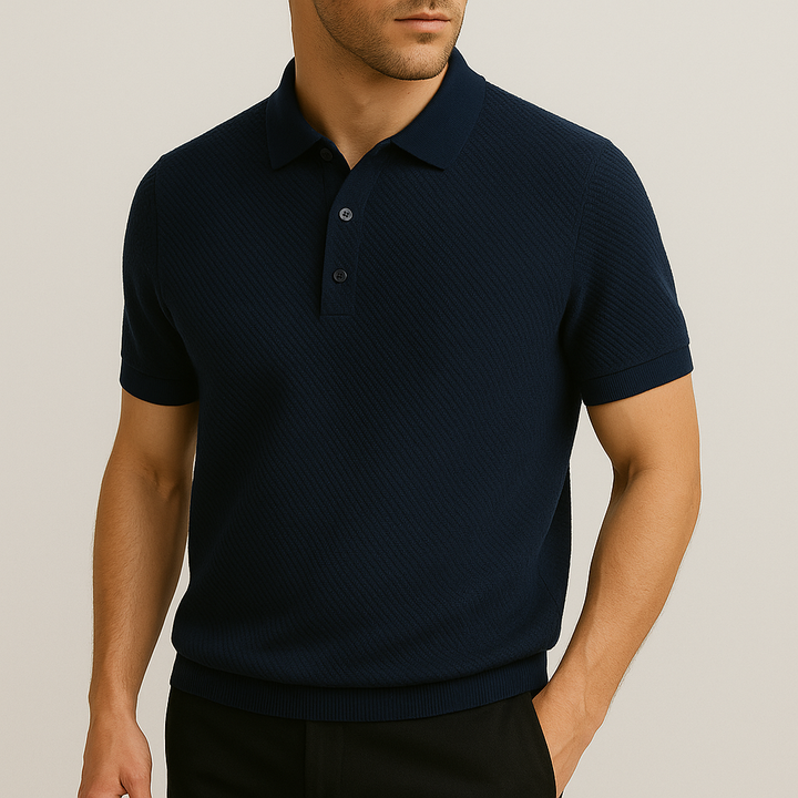 Classic men's textured polo, short sleeve, tailored fit, great for office wear or weekend smart casual outfits.
