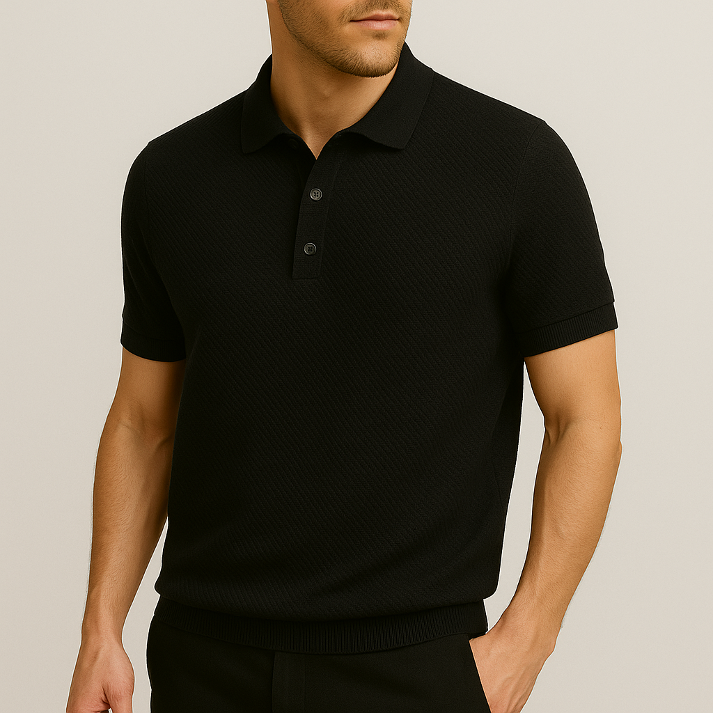 Versatile men's textured tailored fit polo shirt, suitable for casual elegance or smart office wear. All-day comfort.