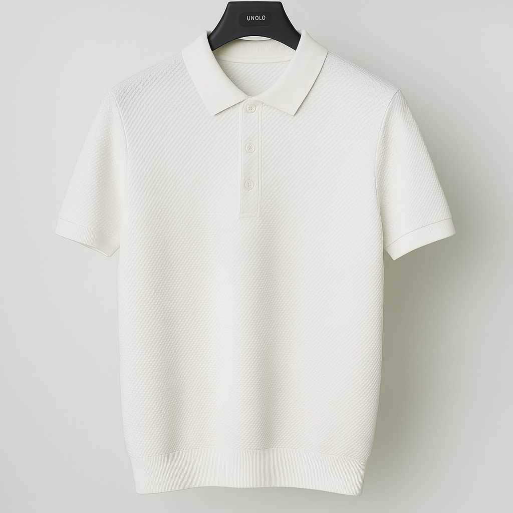 Lightweight men's textured polo shirt, tailored fit, short sleeve, a comfortable summer top for active lifestyles.