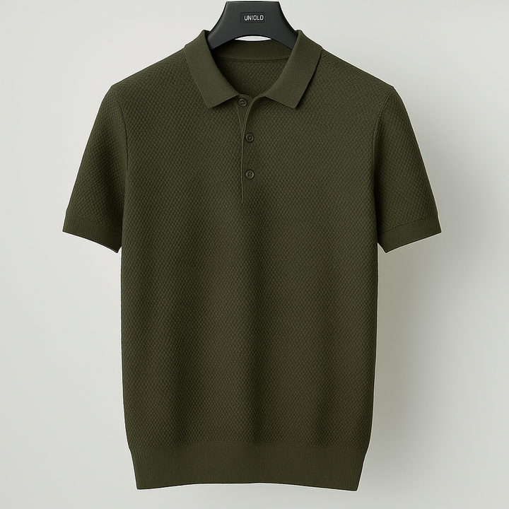 Men's smart casual textured polo shirt, tailored fit, stretch fabric, perfect for a refined look & easy movement.