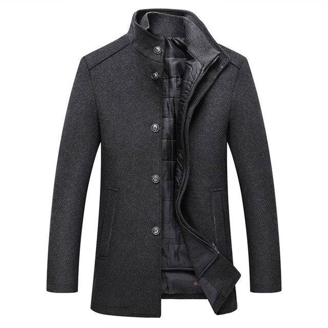 Textured detail of the heavy wool fabric on a men's single-breasted coat, perfect for winter warmth.