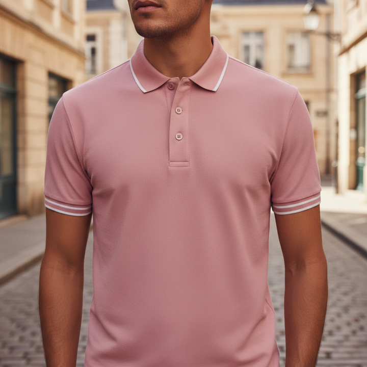 Men's casual short sleeve polo, comfortable & durable, with a neat tipped collar.
