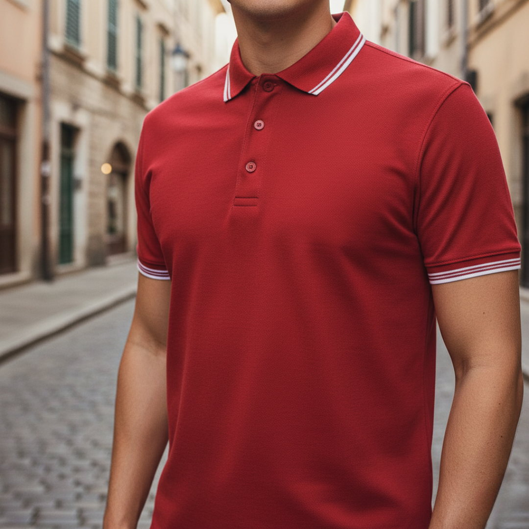 Modern men's tipped short sleeve polo, perfect for a relaxed yet refined look.