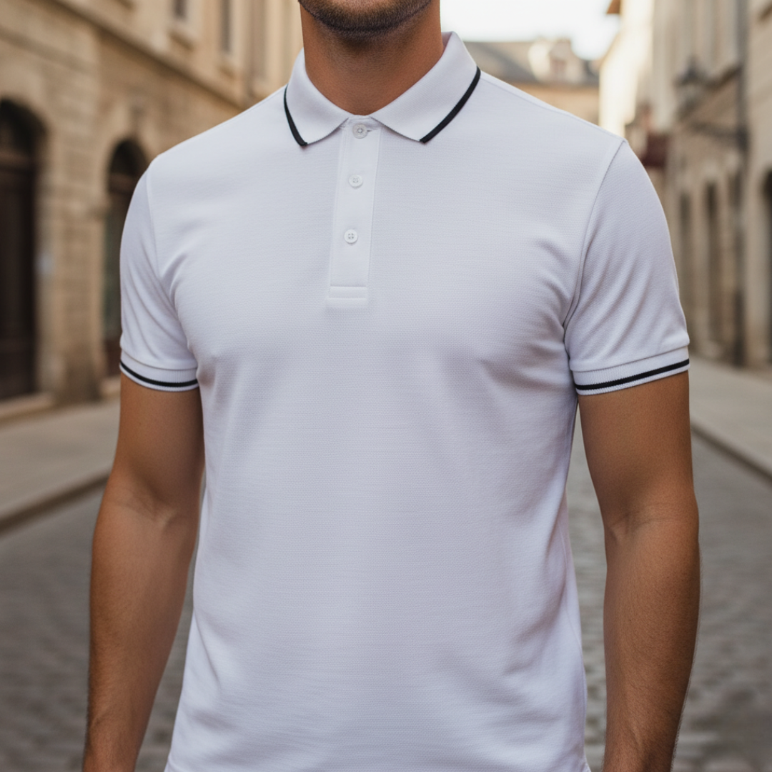 High-quality men's polo shirt, short sleeve, with classic tipped collar styling.
