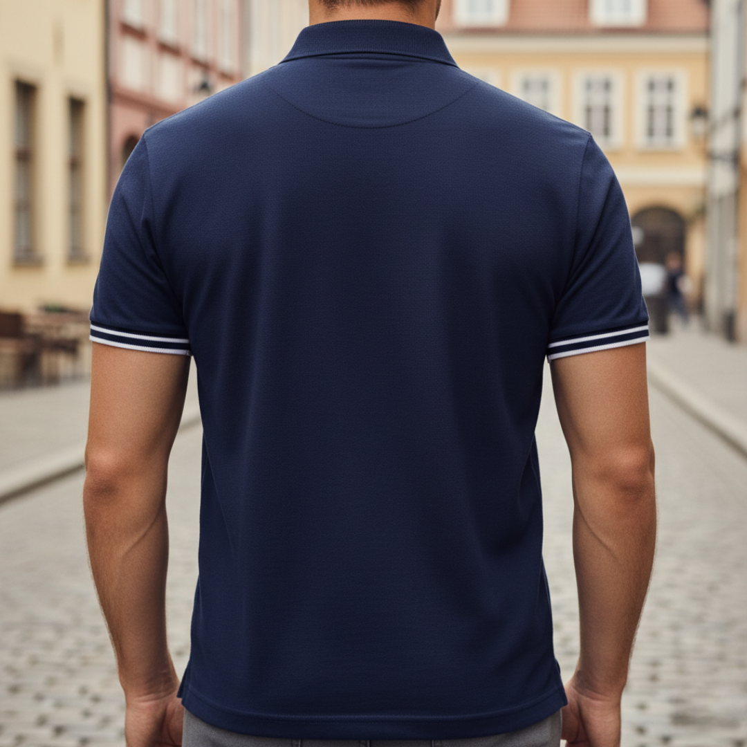 Tailored fit men's polo with tipped collar & short sleeves, ideal for business casual.