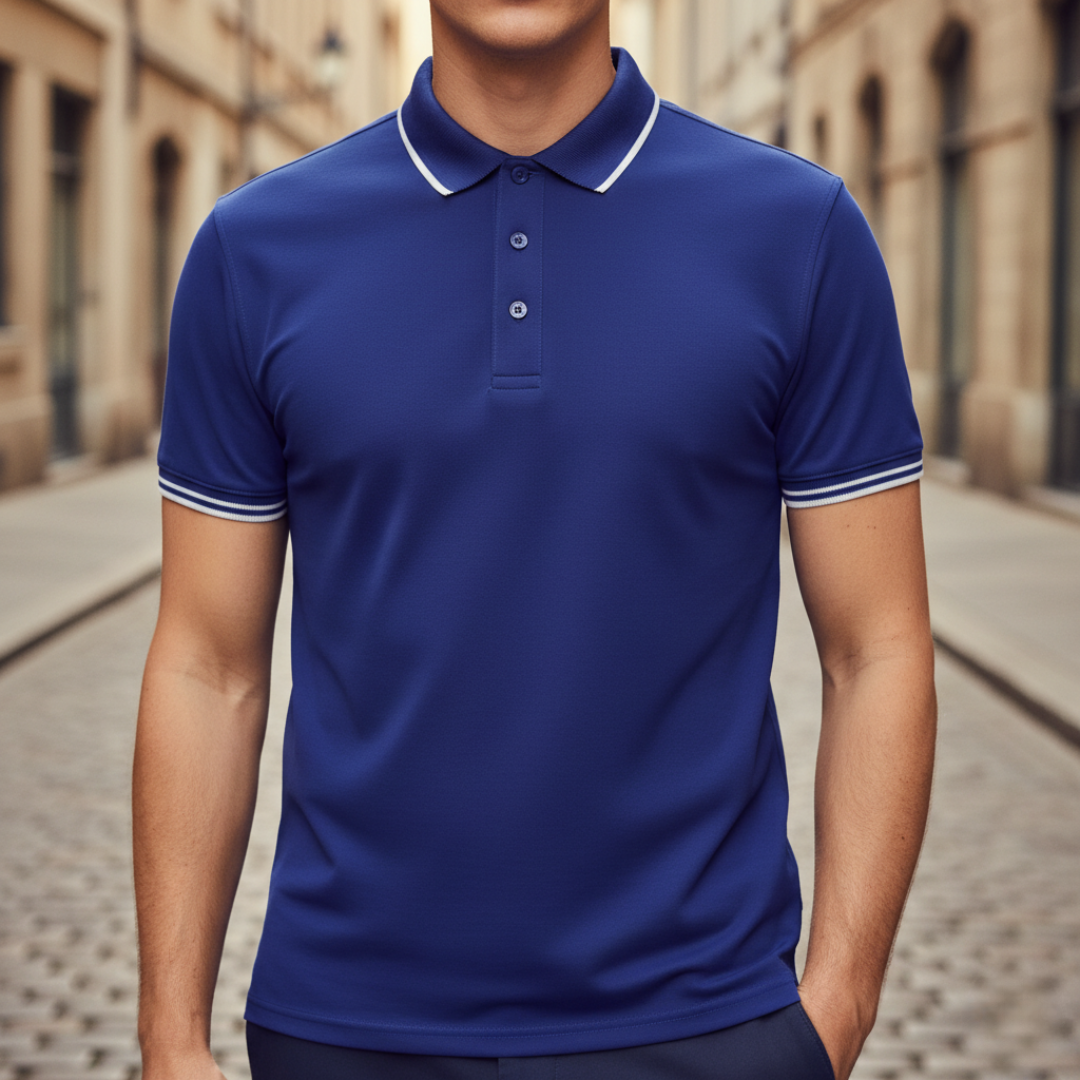 Comfortable men's polo shirt with short sleeves and a distinctive tipped collar design.