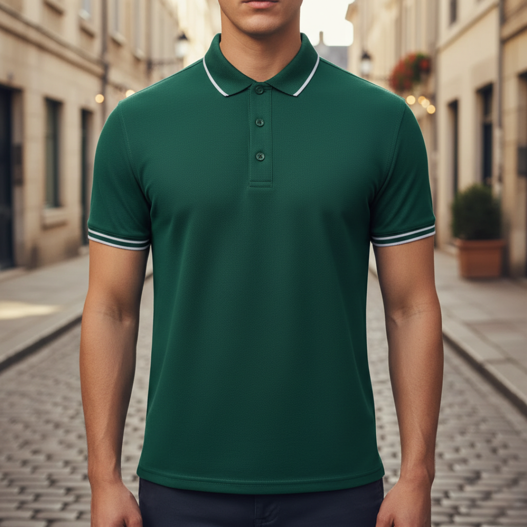 Everyday men's tailored polo shirt, short sleeve with elegant tipped collar accents.