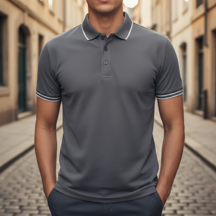 Business casual men's tipped polo, short sleeve, offering comfort and classic style.