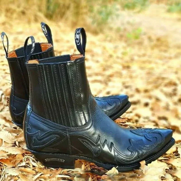 Close-up of a men's traditional western cowboy boot, highlighting the intricate stitching on rich brown leather.