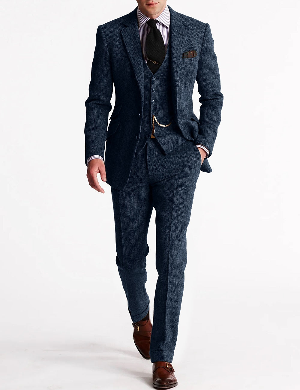 Men's classic tweed three-piece suit, an elegant option for spring weddings, business, and formal occasions.