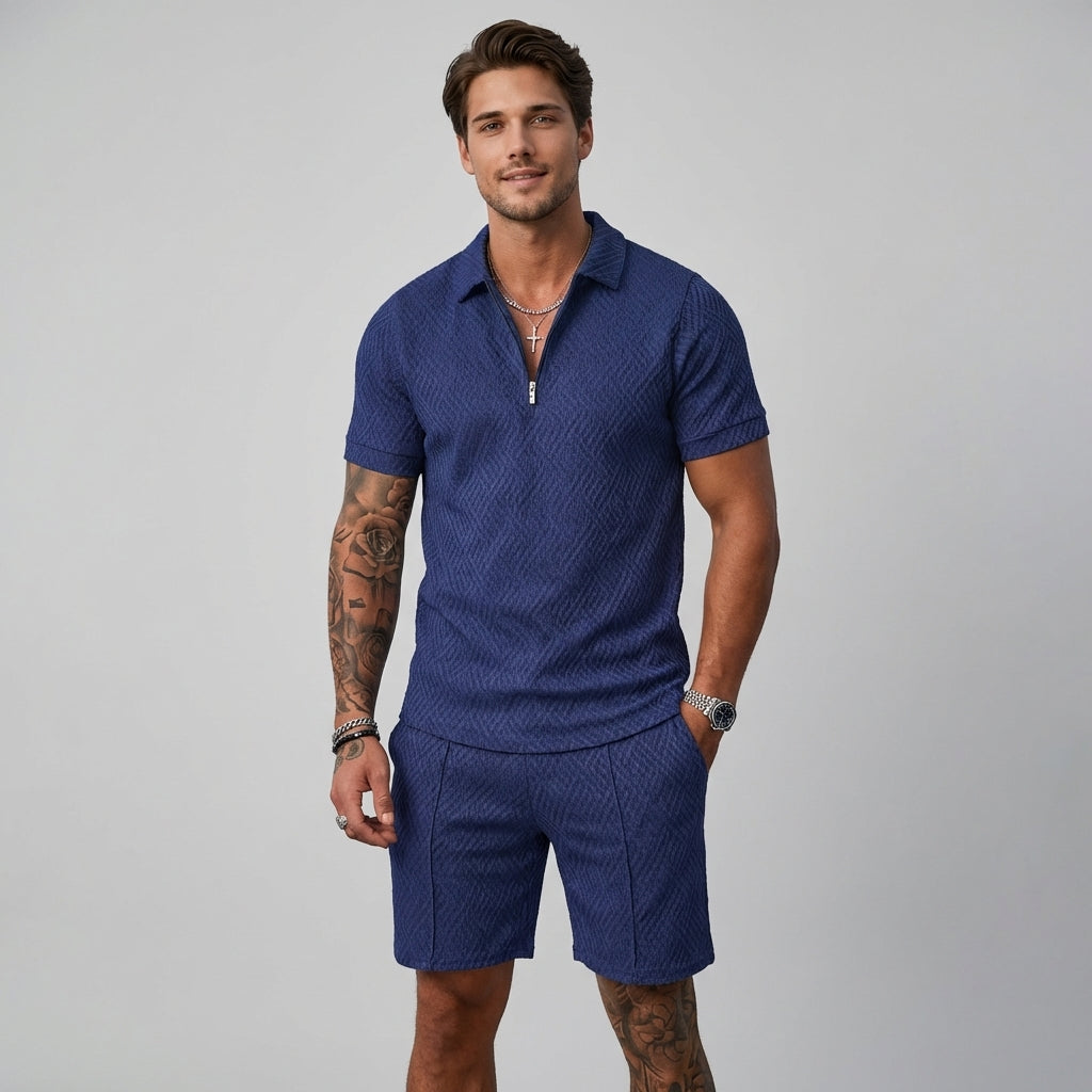 Comfortable men's matching polo & shorts resort wear. Lightweight two-piece summer outfit.