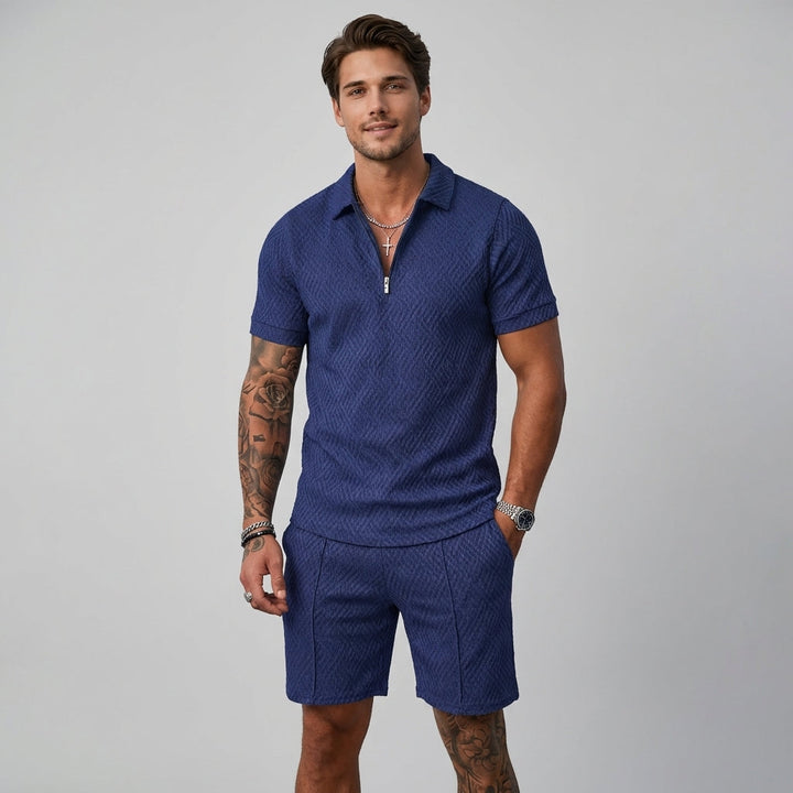 Comfortable men's matching polo & shorts resort wear. Lightweight two-piece summer outfit.