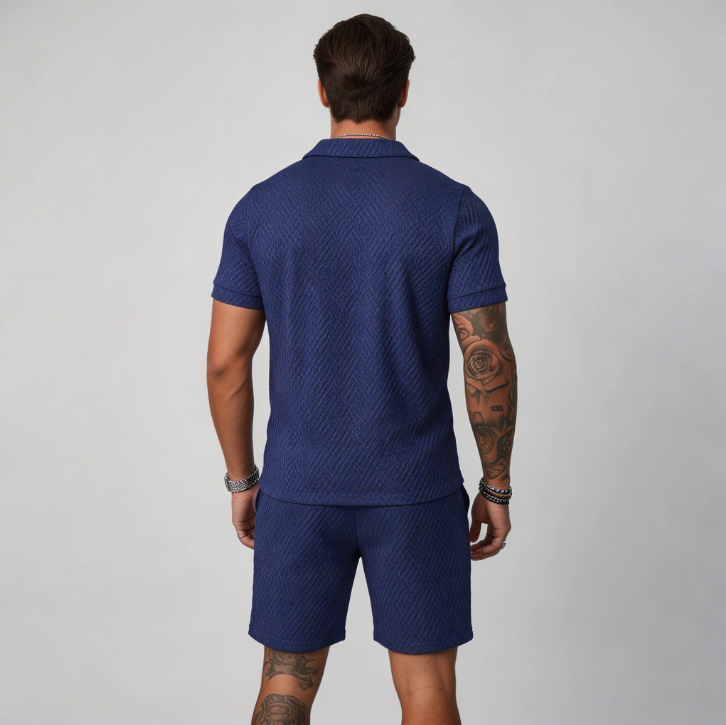 Men's fashion summer set: regular fit polo & shorts outfit. Great for casual & vacation wear.