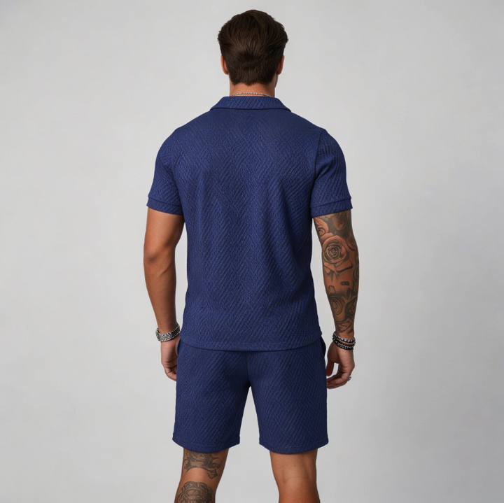 Men's fashion summer set: regular fit polo & shorts outfit. Great for casual & vacation wear.