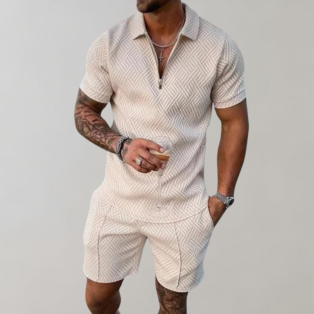 Lightweight men's two-piece summer set featuring a matching polo shirt and shorts. Comfortable fashion.