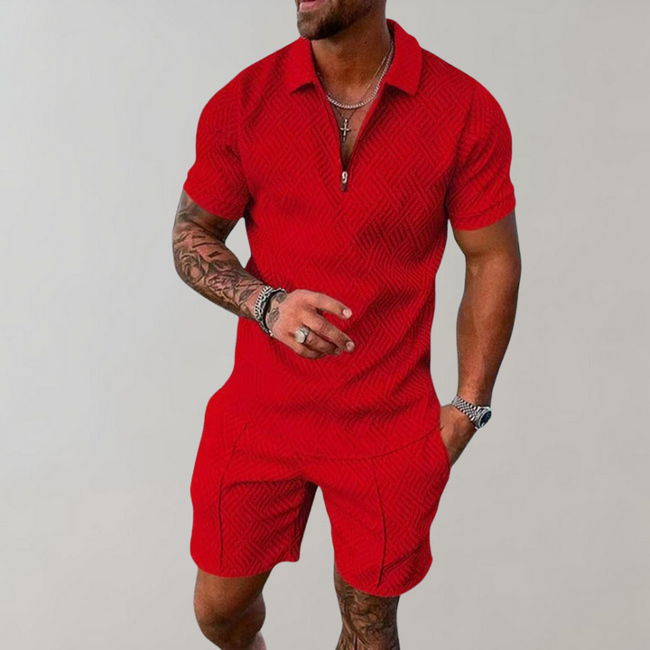 Men's geometric print summer set: comfortable, lightweight polo & shorts. Perfect resort style.