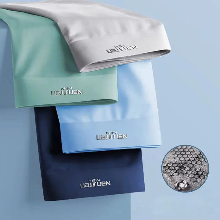 Multi-pack men's underwear: 4 Ultra-Cool Ice Silk Boxer Briefs. Fresh, breathable, & soft with elastic waist.