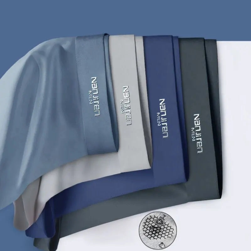 Seamless men's 4-pack boxer briefs in ultra-cool Ice Silk. Elastic waist for secure, breathable, & soft comfort.