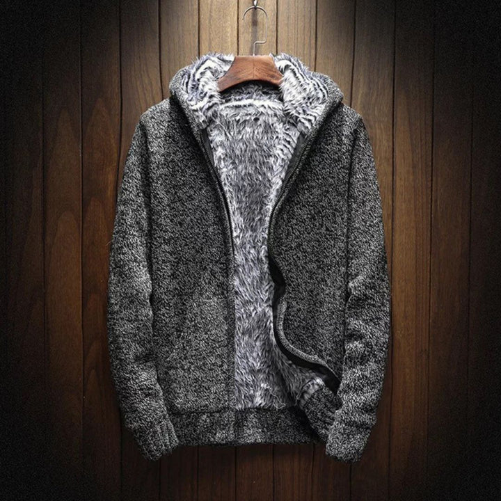 Casual men's apparel: a comfortable cotton fur-lined hoodie with a full zipper for winter.