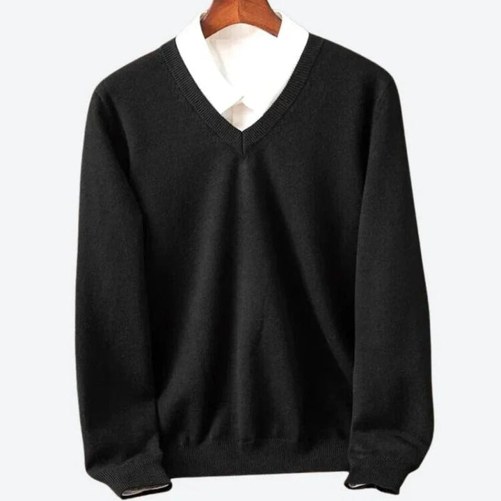 Close-up of a men's ultra soft knit crew neck pullover sweater, highlighting its comfortable, warm texture for winter.