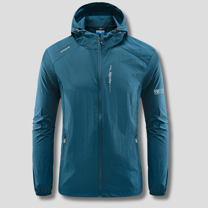 Men's ultralight hooded jacket for summer, offering wind & sun protection. Ideal for outdoor gear & travel.