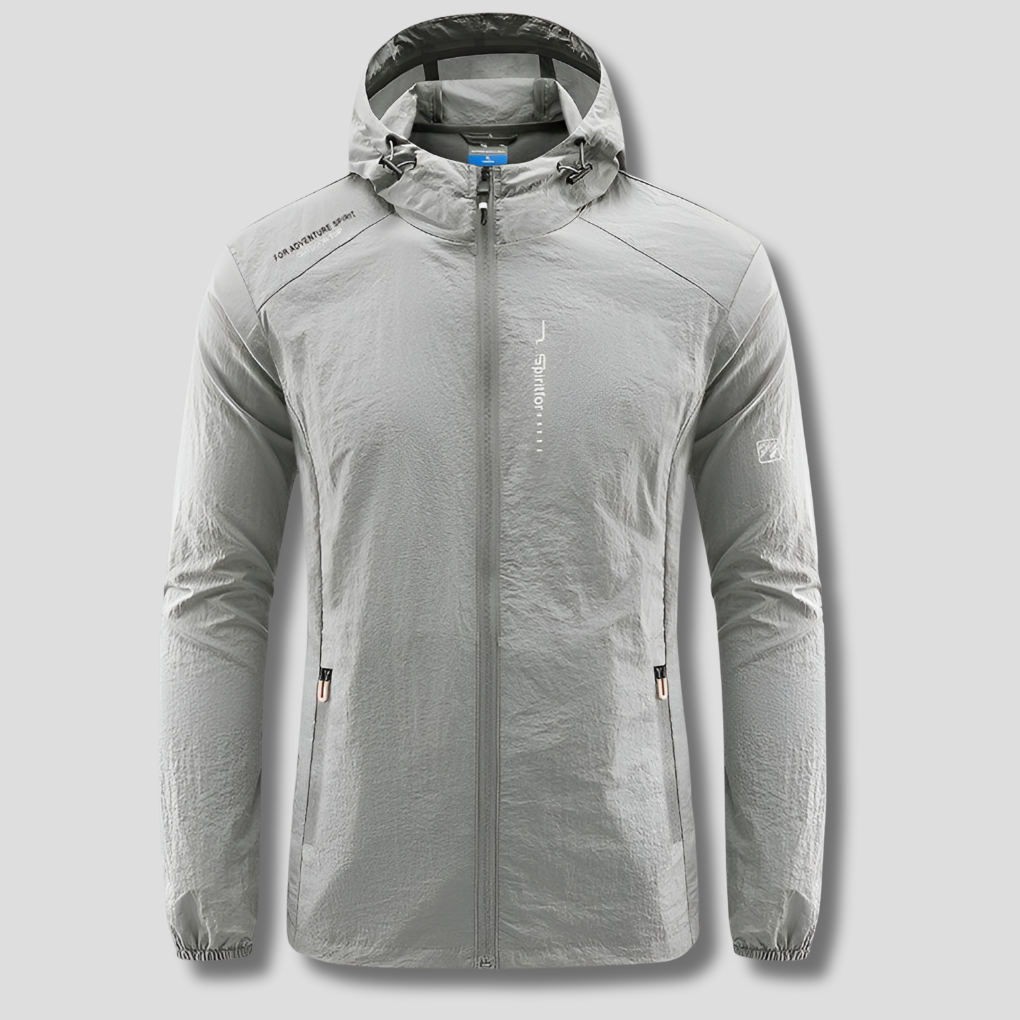 Lightweight men's activewear hooded jacket, packable for spring & summer travel. Provides wind & sun protection.