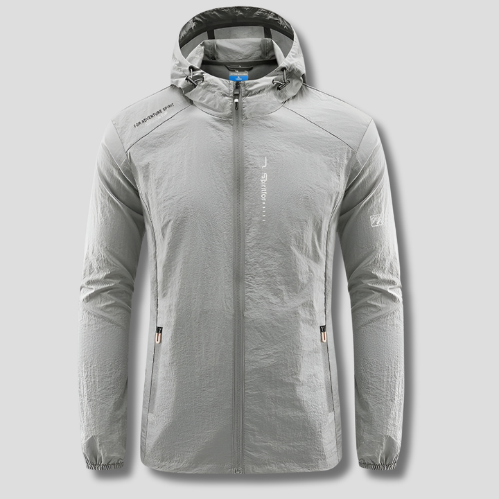 Lightweight men's activewear hooded jacket, packable for spring & summer travel. Provides wind & sun protection.