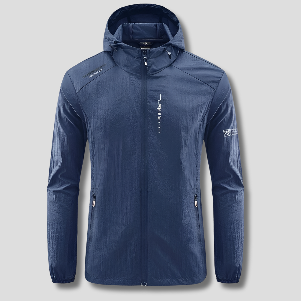 Packable men's lightweight hooded jacket. Ultralight design provides windproof & sun protection for active summer.
