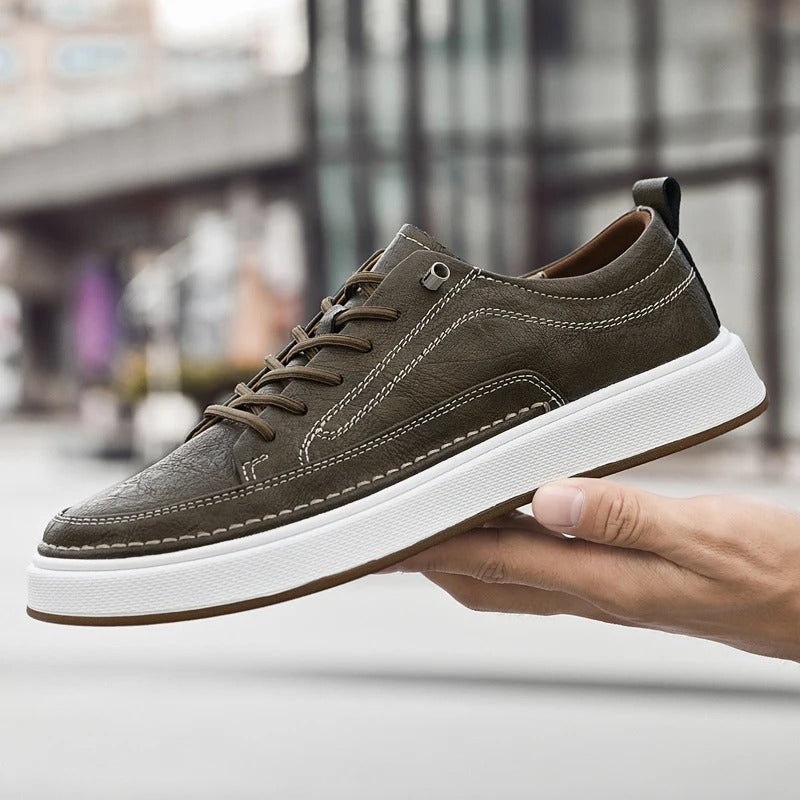 Classic black men's leather sneakers, urban style casual footwear for everyday wear