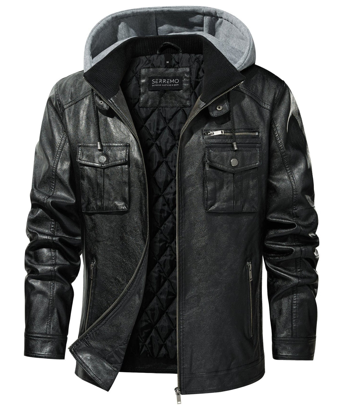 Men's Urban Edge Faux Leather Jacket, a sleek black outerwear with a detachable hood, perfect for casual streetwear