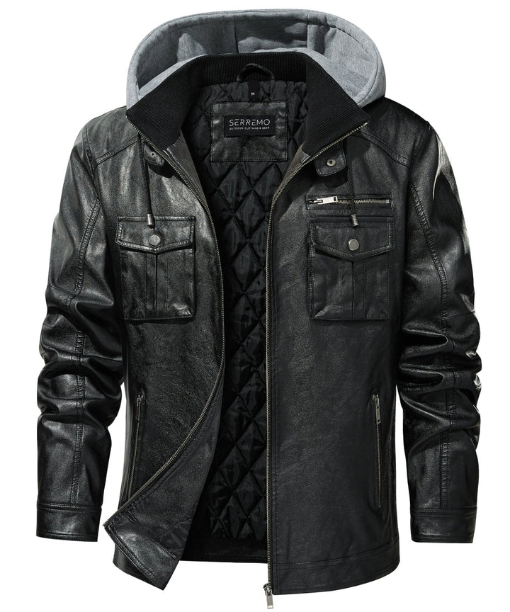 Men's Urban Edge Faux Leather Jacket, a sleek black outerwear with a detachable hood, perfect for casual streetwear