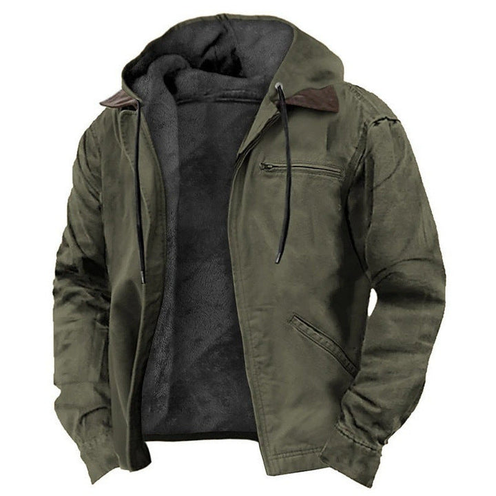 Rear view of a men's Urban Explorer hooded jacket, ideal casual streetwear for cooler weather.