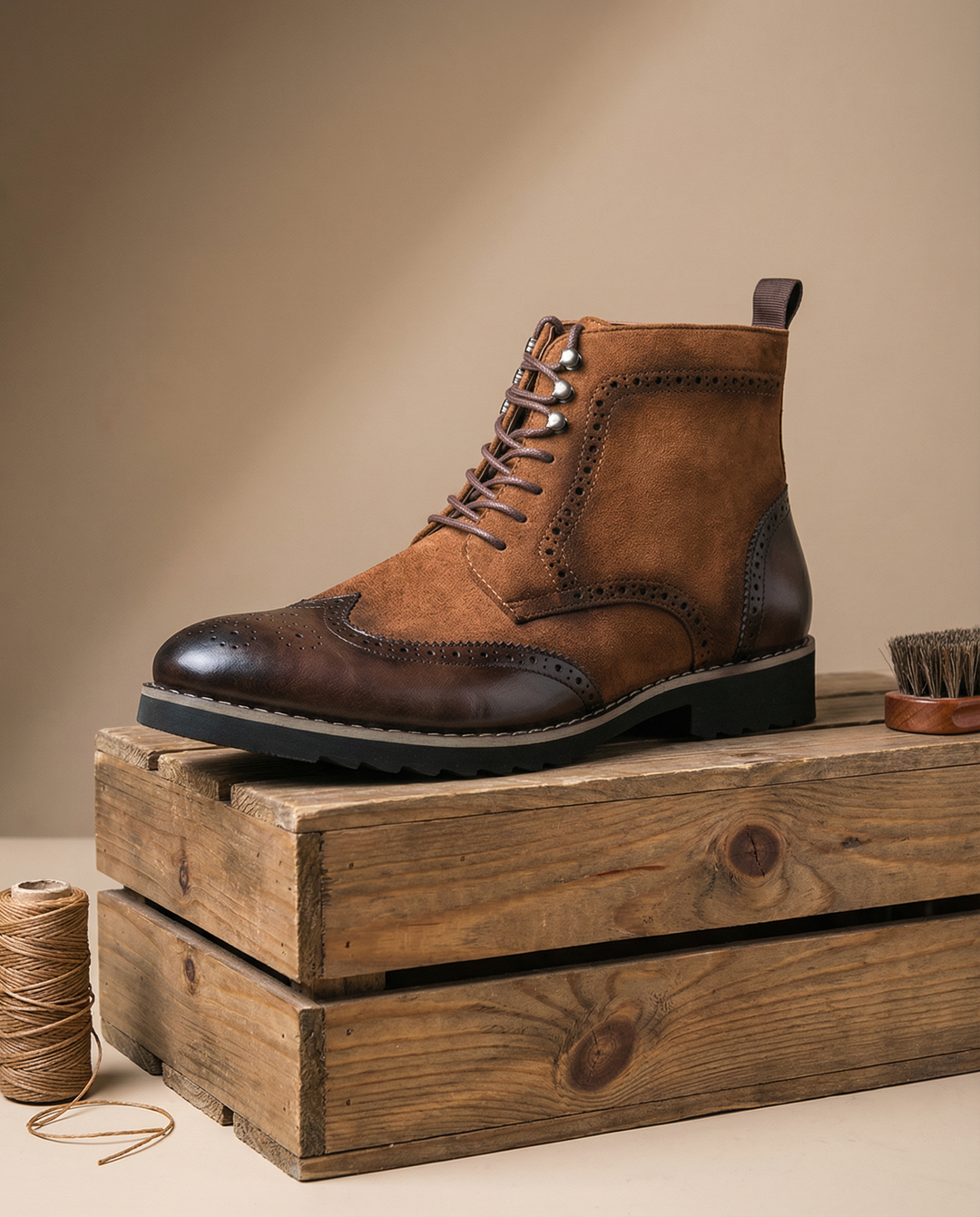 A close-up of Men's Urban Explorer boots highlighting the rich leather and soft suede texture