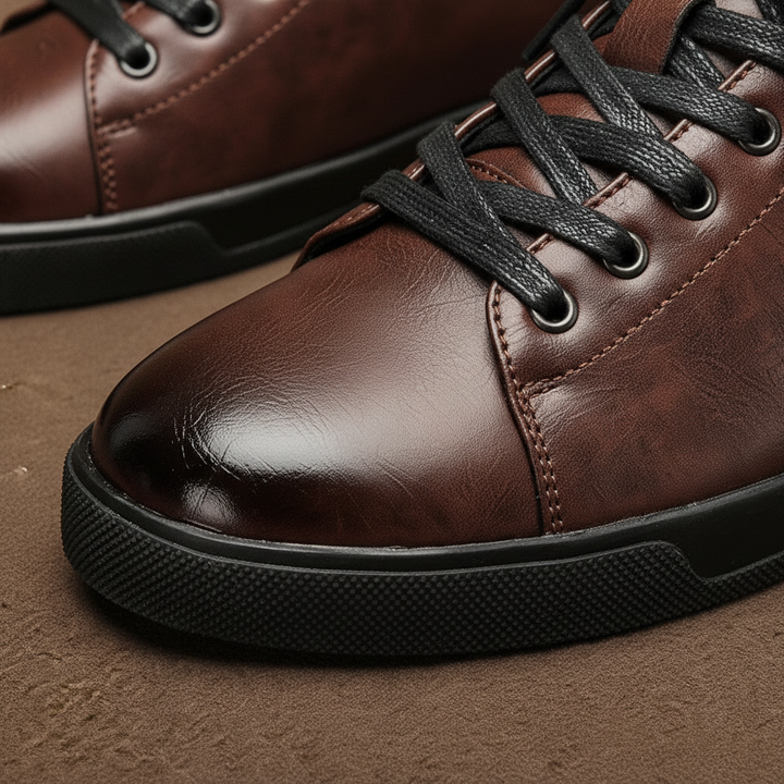 Detailed shot of men's urban footwear, black leather casual shoes with strong traction