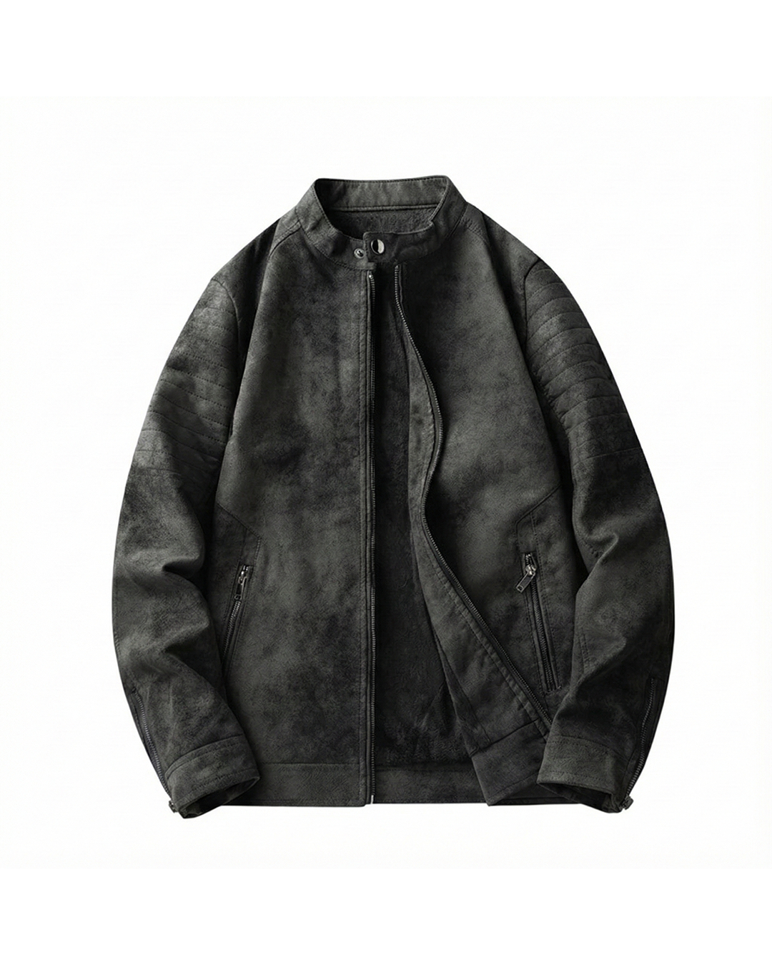 Men's urban moto-style faux suede jacket with quilted detailing, perfect for fall fashion.