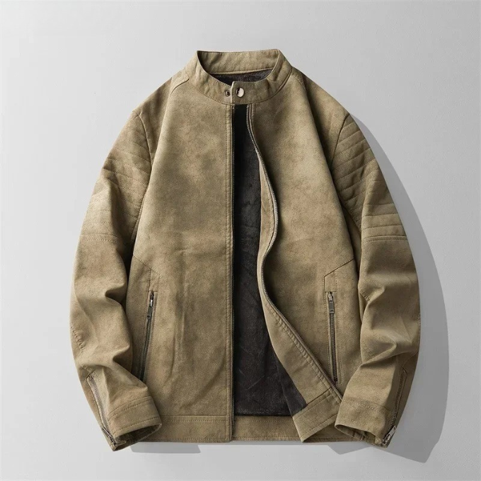 Casual men's faux suede jacket, offering an urban moto-style with practical autumn comfort.