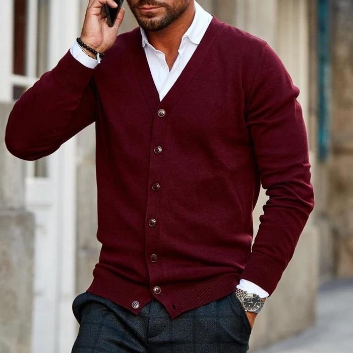 Men's V-neck button-front knit cardigan, ideal for smart casual layering. Perfect autumn fashion.