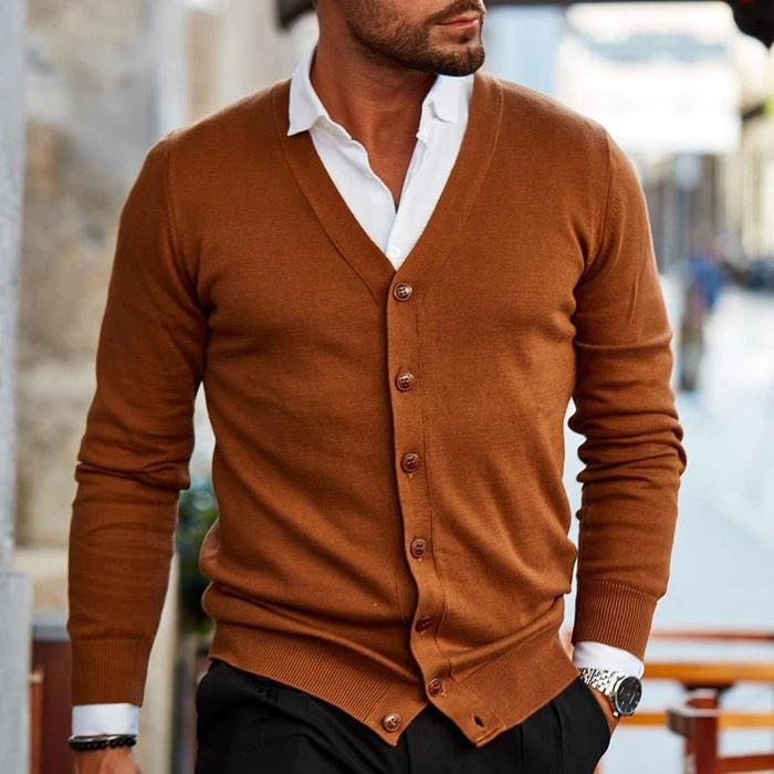 Sophisticated men's V-neck button cardigan, perfect for business casual or stylish autumn & winter fashion.