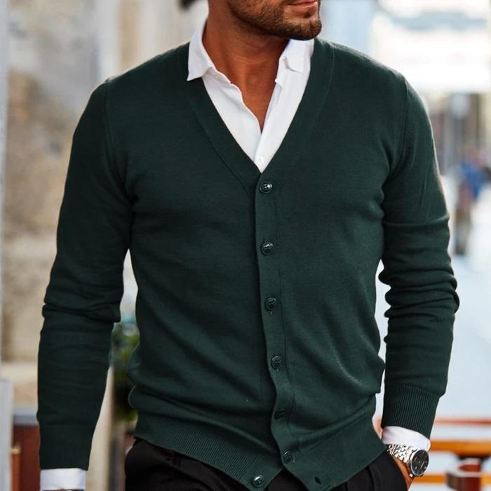 Versatile men's long sleeve V-neck knit cardigan, a stylish layering piece for smart casual men's fashion.