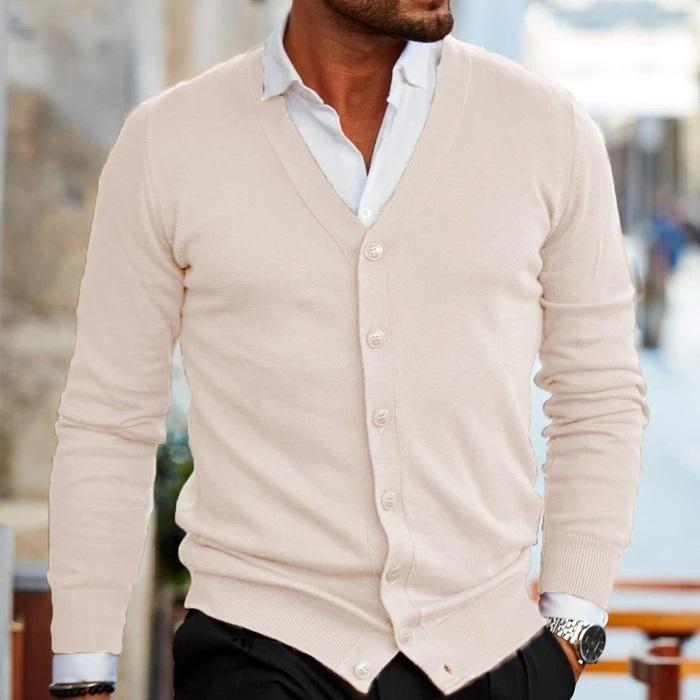 Comfortable men's knit V-neck button cardigan, an essential long sleeve for winter fashion & smart layering.
