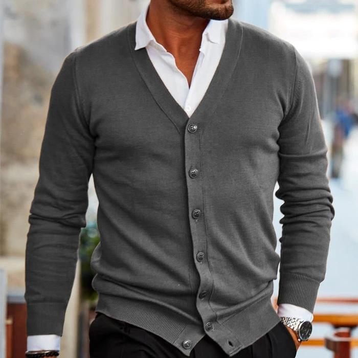 Men's V-neck button cardigan, an elegant choice for sophisticated men's fashion & versatile smart layering.