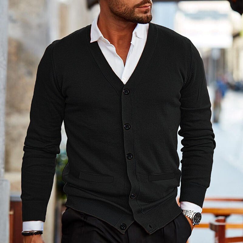 Men's versatile V-neck button cardigan, sophisticated knitwear for smart casual & daily fashion. Long sleeve.