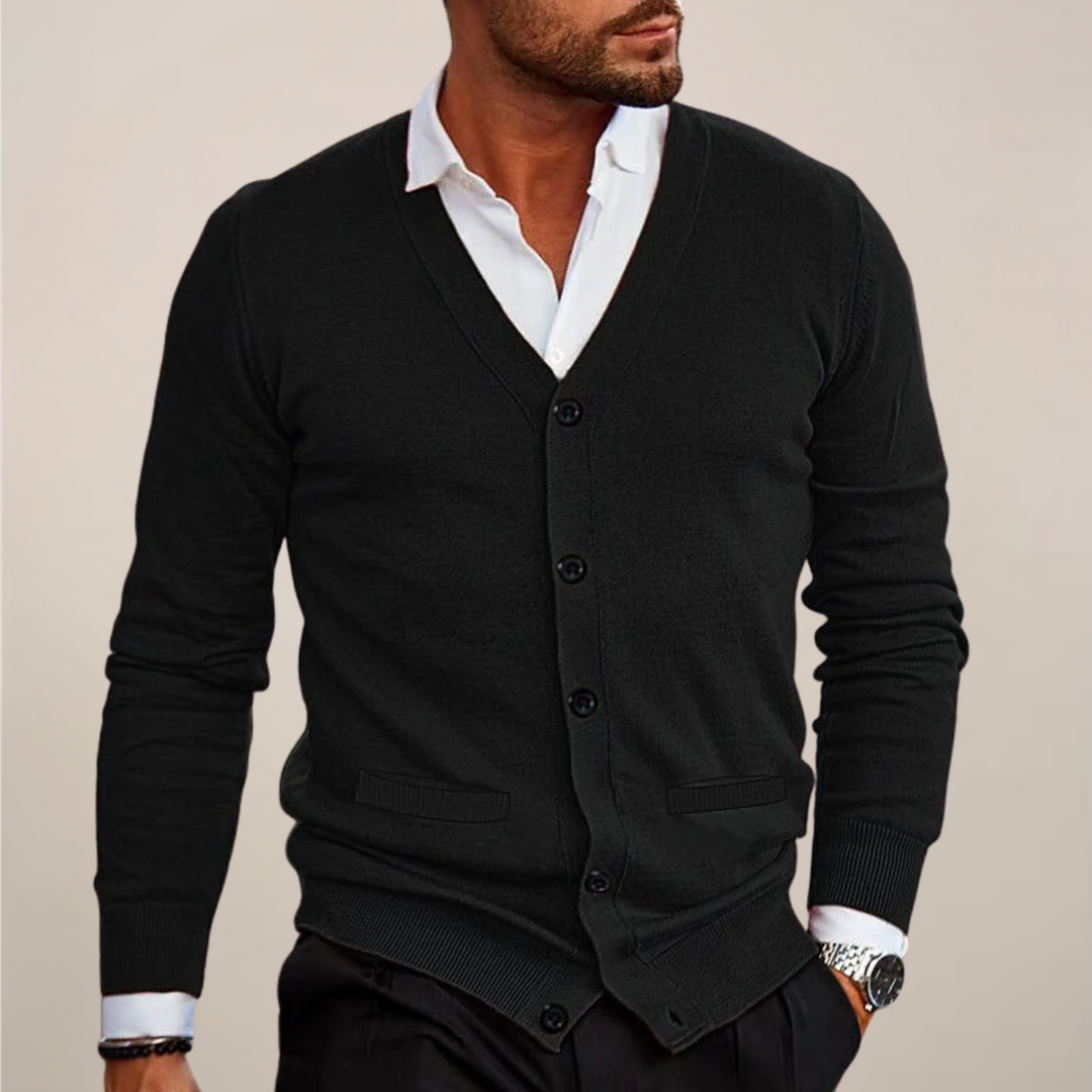 Men's V-neck button-up cardigan, ideal smart casual office wear. Versatile autumn & winter layering piece.