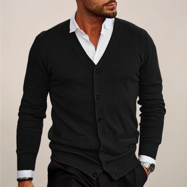 Men's V-neck button-up cardigan, ideal smart casual office wear. Versatile autumn & winter layering piece.