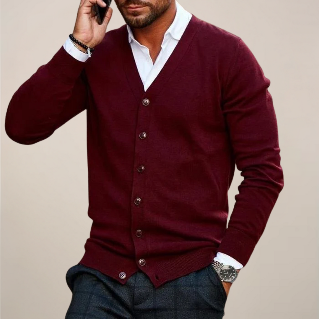 Knitted men's V-neck cardigan, a smart casual winter layer. Perfect button-up knitwear for men's fashion.