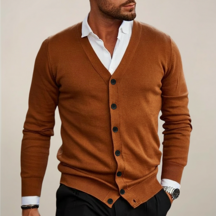 Stylish men's V-neck button-up cardigan. Essential knitwear for smart casual, office, or autumn fashion.