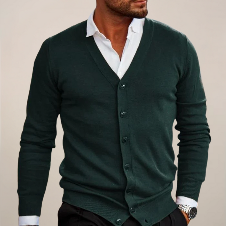 Classic men's knit V-neck cardigan, perfect versatile layer for work & casual autumn/winter style.